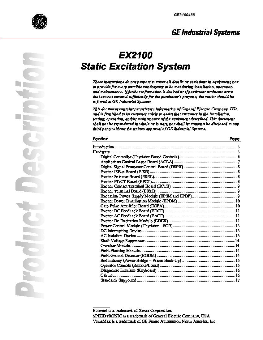 First Page Image of IS200ECAFG1B General Electric EX2100 Static Excitation System Manual GEH-100488.pdf